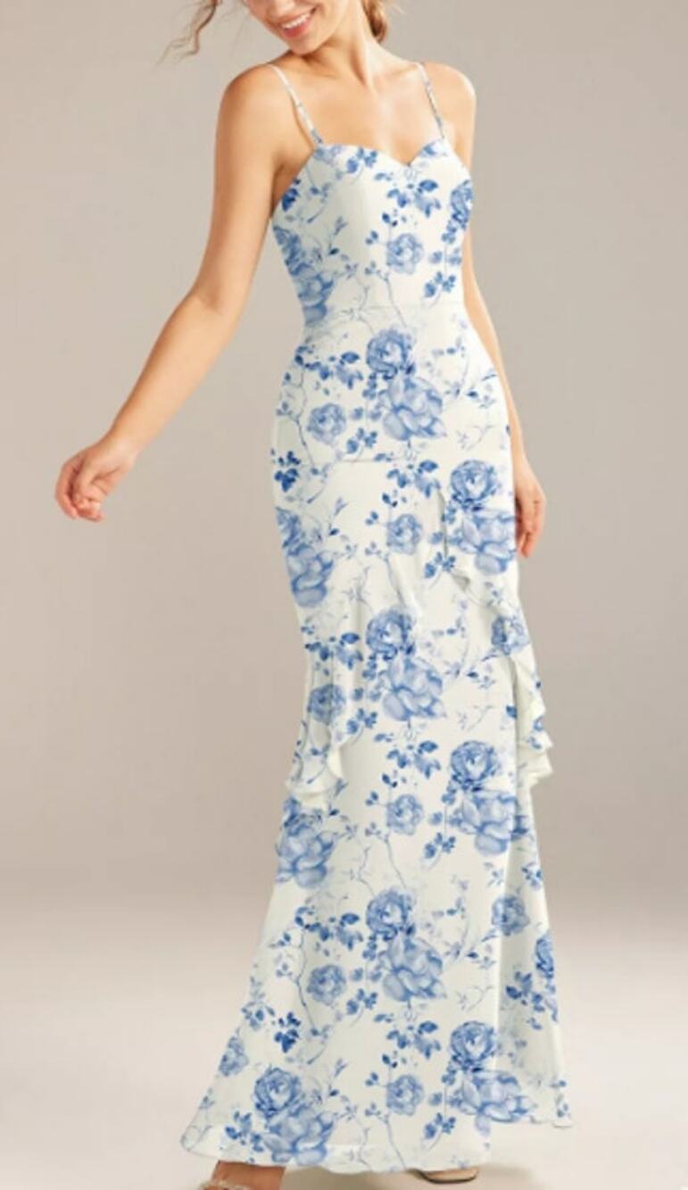 AW BRIDAL SZ 8 M Blue botanical floral Claire chiffon ruffle maxi dress NEW 0B17